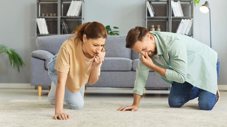Woman and man holding their noses while kneeling on carpet