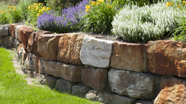A natural stone retaining wall in a garden
