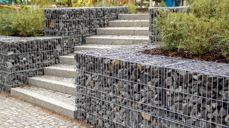 Stone baskets used as retaining walls