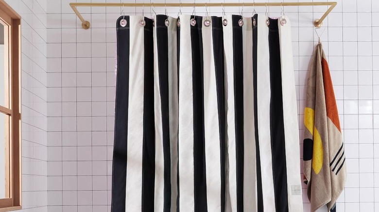 Black and white stripped cotton shower curtain
