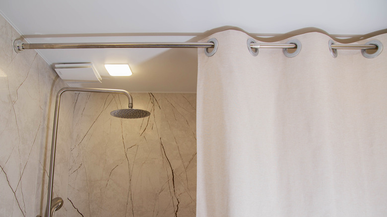 Close up of cream linen shower curtain