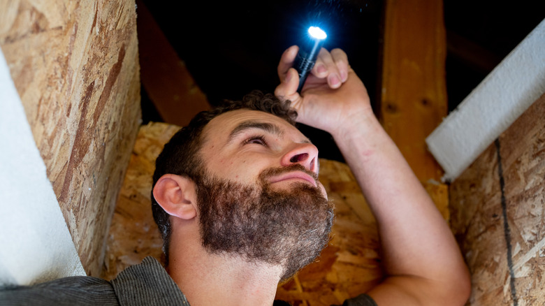 A man with a flashlight is preparing to go up into his attic