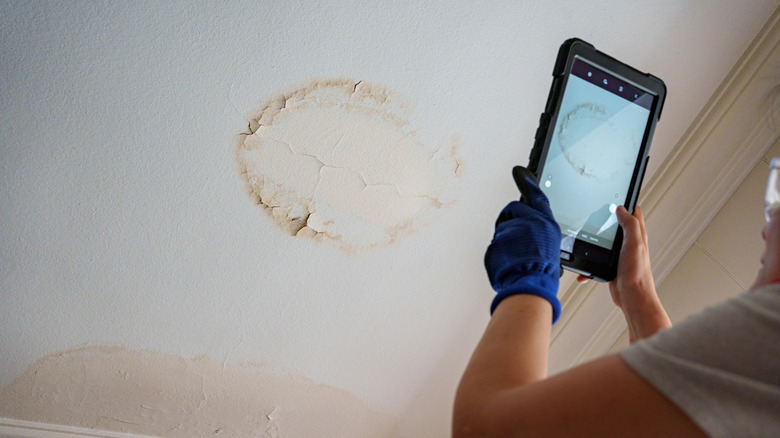 A person is taking photos of a ceiling which has two large discolored stains on it