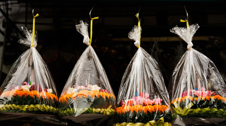 Flowers wrapped in plastic