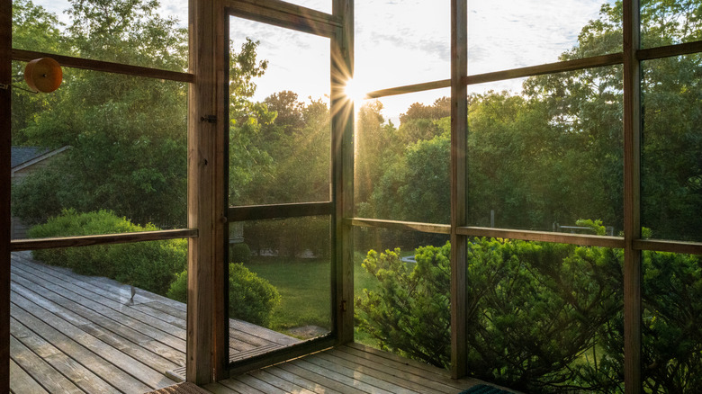 Screened porch with sun shining through