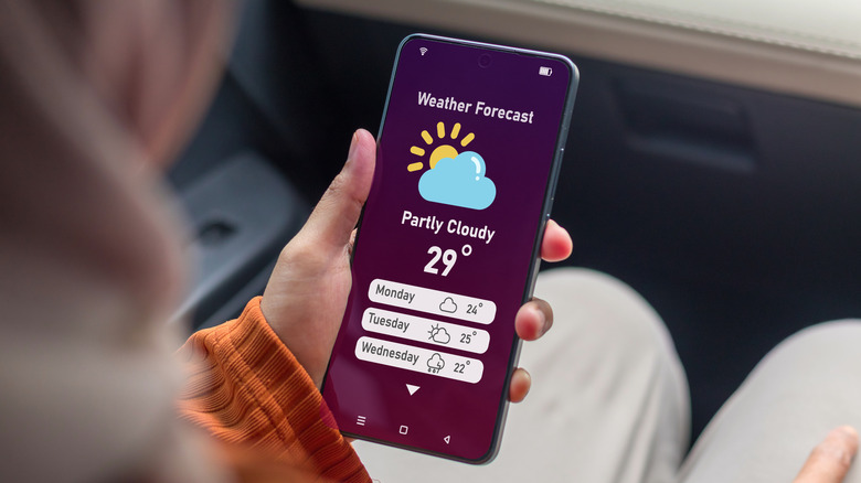 person holding phone that displays weather forecast