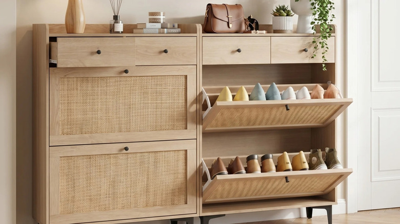 A rattan-fronted shoe storage cabinet filled with footwear and topped with home decor, plants, and a handbag.