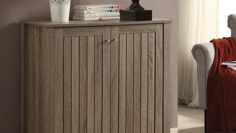 The sleek Mistana 12-pair shoe cabinet with vented slat door in a living room beside a sofa.