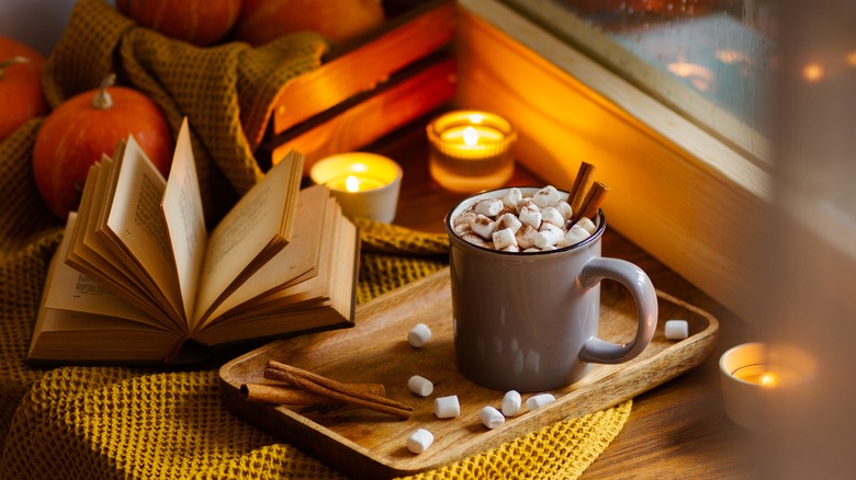 Book, cocoa, and candles on table
