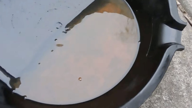 Cloudy and rusty gasoline sitting in a pan