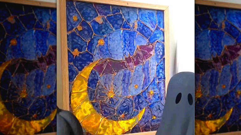 screenshot of stained glass picture fram DIY in blue and yellow with gold edges