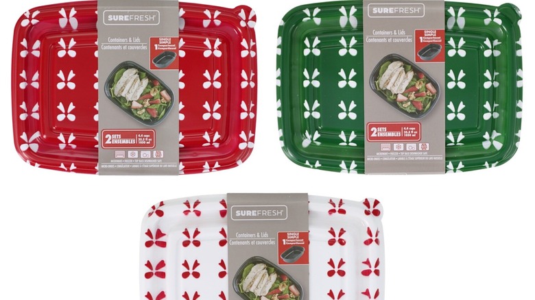 The three different colors of Sure Fresh containers and lids with the seasonal design on the lid