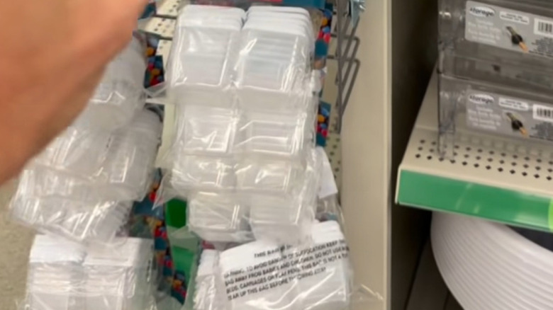 The Dollar Tree mini storage containers hanging on a display at the store