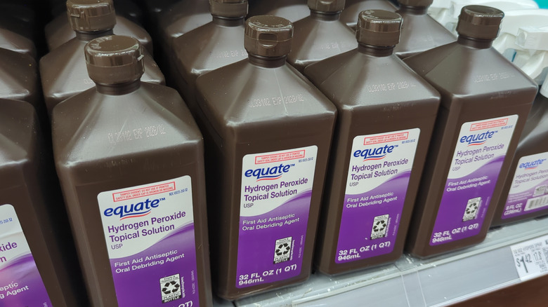 Close up of hydrogen peroxide bottles at Walmart
