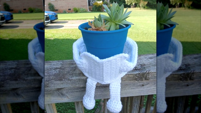 Potted succulent plant in a crocheted toilet paper holder