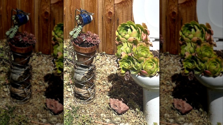 Toilet and toilet paper holder in garden with plants