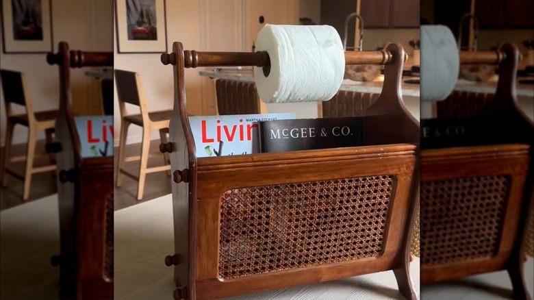 Magazine rack turned into toilet paper holder