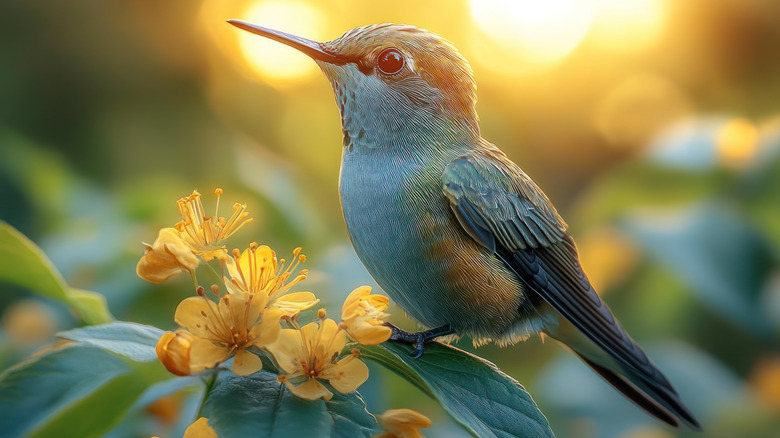 Closeup of a hummingbird sitting on a leaf next to yellow flowers