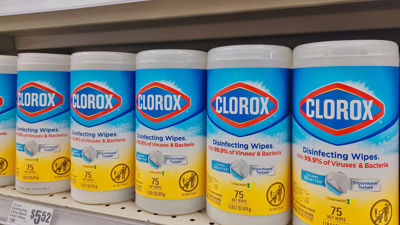 Close up of Clorox wipe bottles on store shelf
