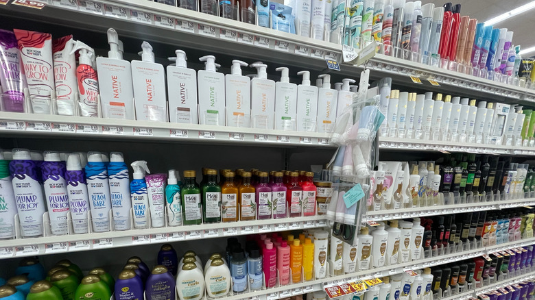 Hair products on the shelf of a grocery store in the U.S.A.
