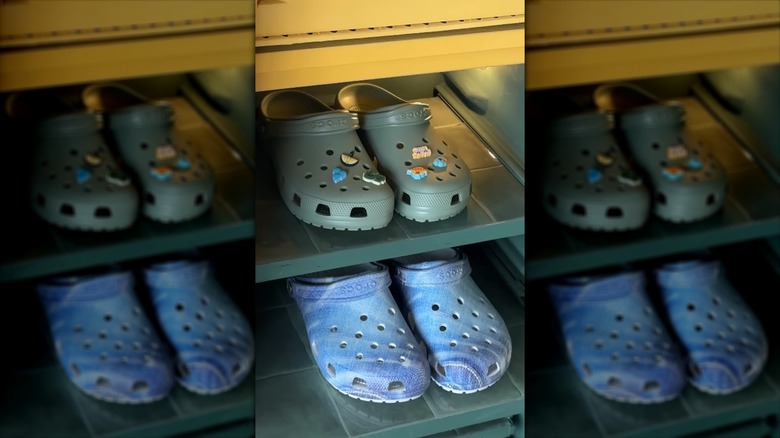 Screenshot of crocs stored in mini fridge turned shoe shelf