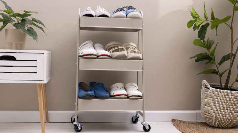 Shoes on a gray utility cart in a brightly lit room with plants