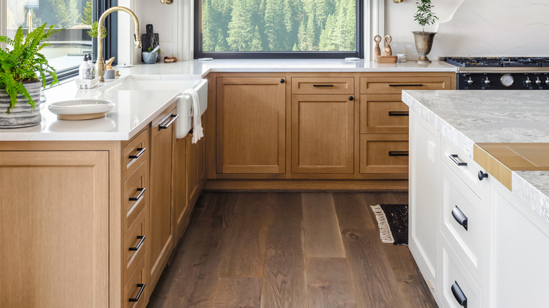 White cabinets mixed in with honey oak kitchen cabinetry