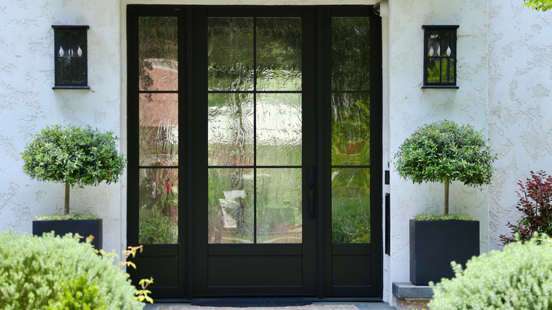 Black door with large window panes