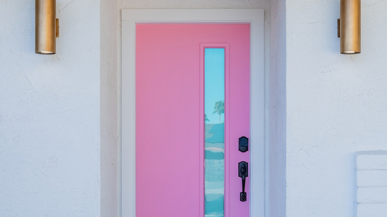 Pink front door with vertical window reflecting palm tree