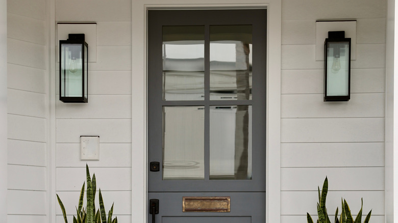 Dark taupe front door on a cream house