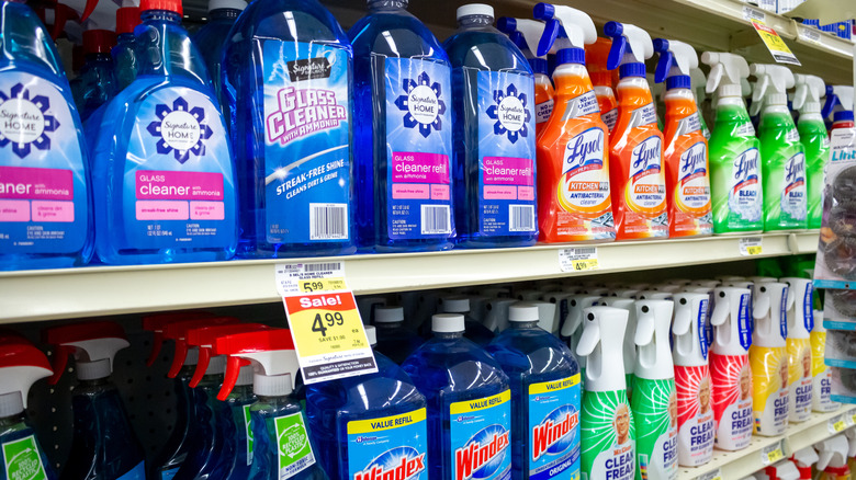 Ammonia-based cleaners on a store shelf