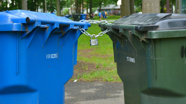 A garbage can and a recycling bin are chained together for better security