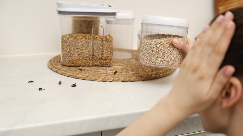 A woman is upset to see roaches in her pantry
