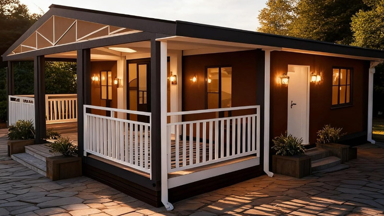 The modern cabin with a small porch and white trim.