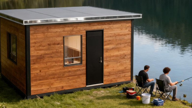 Two men fisihing near the micro cabin.