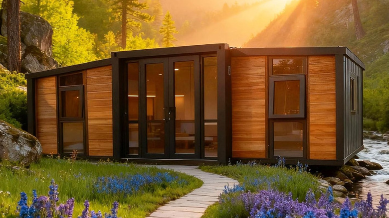 The prefab mobile home with glass windows and doors in a lush forest.