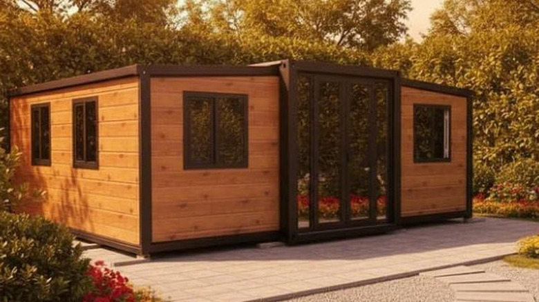 The expandable prefab cabin with a stone patio.