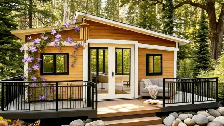 The prefab cabin with white trim covered in purple flowers.