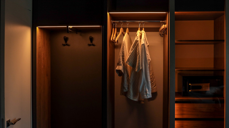 Modern wooden wardrobe with LED lights, hangers, shirts, empty shelves and a safe.