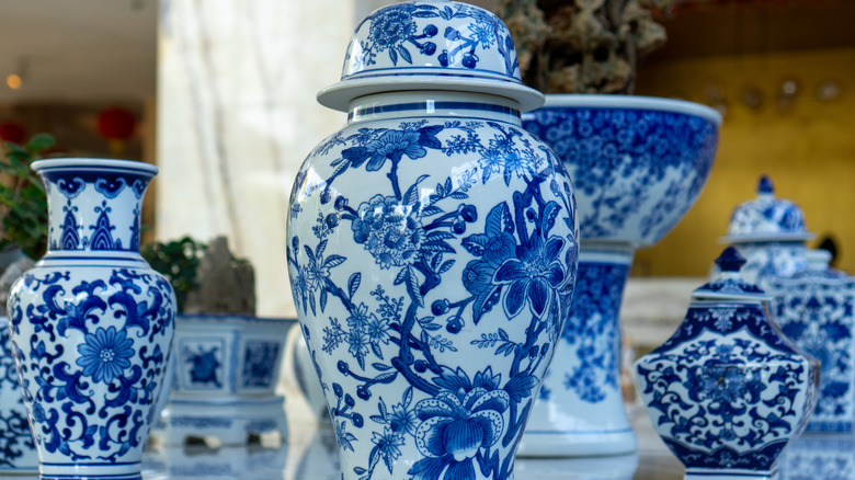 Jars with classic blue and white Chinese porcelain design