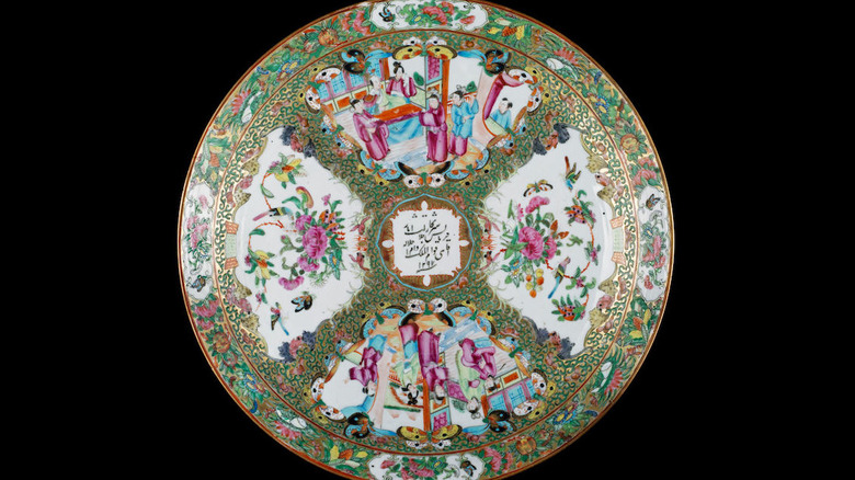 A detailed view of a Cantonese-style porcelain dish from the 1800s