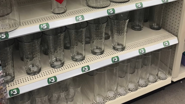 Dollar Tree decorative glass vases on a store shelf