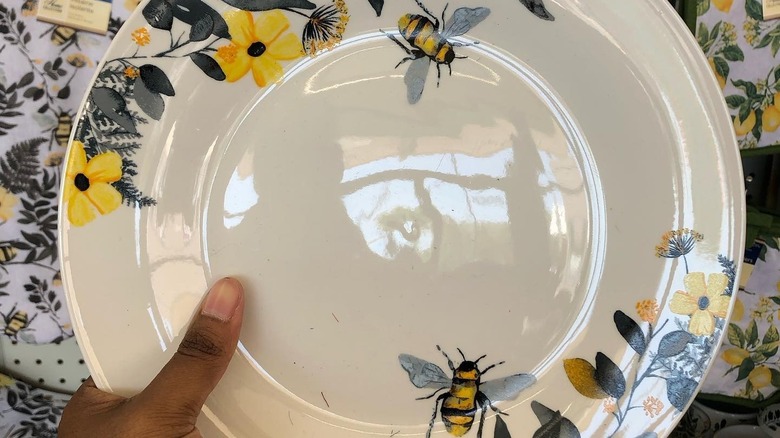 Person holding Dollar Tree floral bee plate
