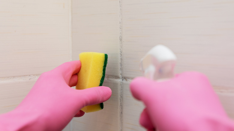Gloved hands cleaning bathroom grout 