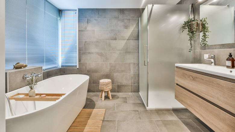 Luxurious bathroom with wood accents