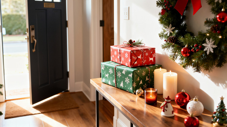 Christmas decorations with candles lit in entryway