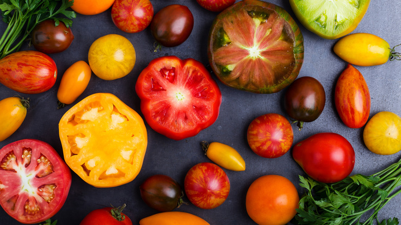 Selection of tomatoes sliced.