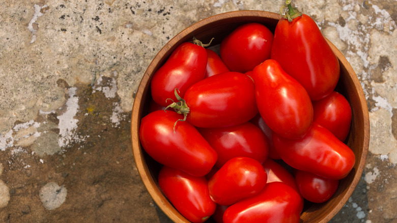 Roma tomatoes in a basket.