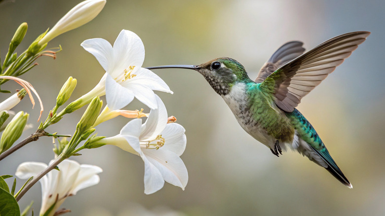 A multicolored hummingbird flies toward a white Easter lily flower.