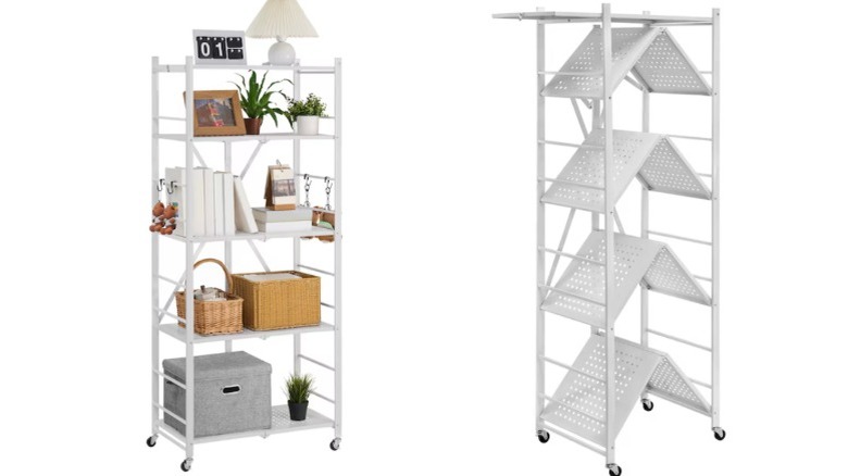 Split image showing GIVIMO 5-tier white metal storage shelf with objects on the left and partially folded on the right